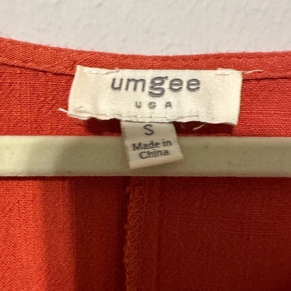 Umgee Brick Linen Long Puff Sleeve Cinched Waist Ruffle Hem Dress Size Small - Picture 6 of 10